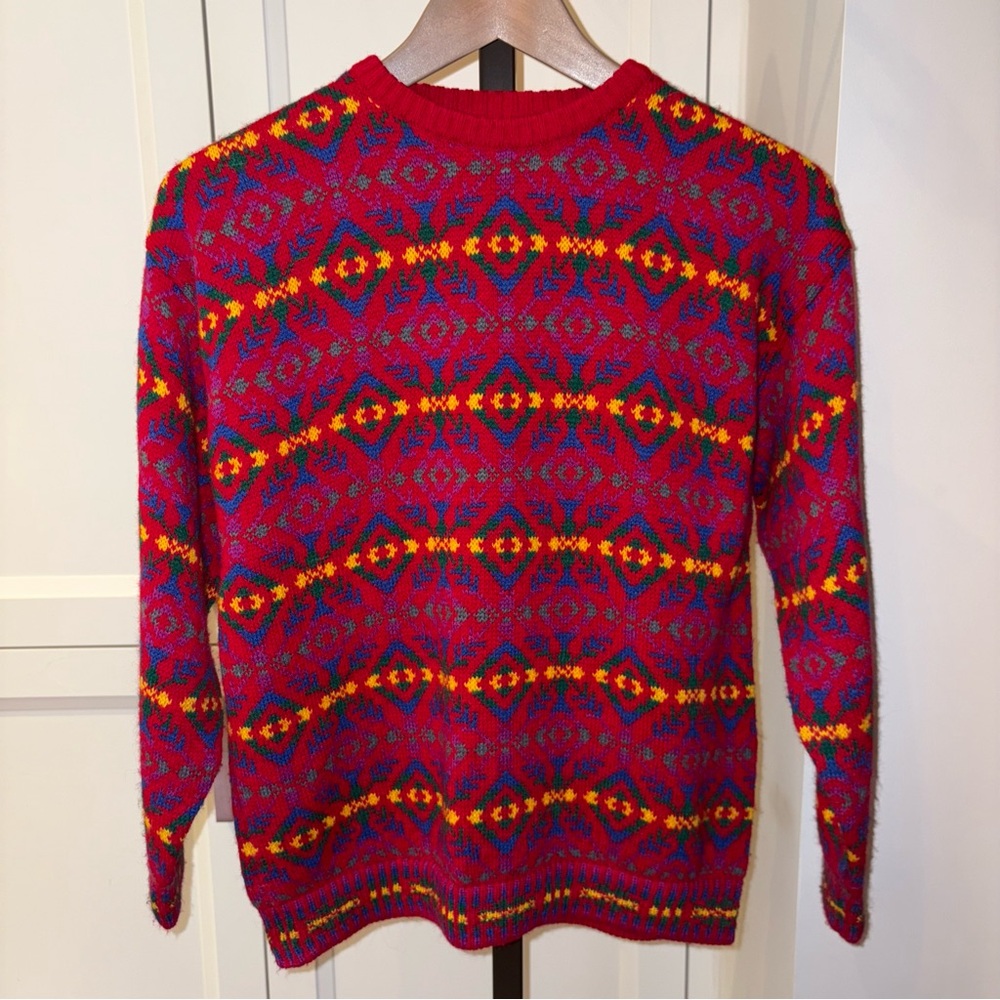 Vintage Benetton Red Multicolor Knit Wool Alpaca Blend Sweater Youth XL 80s Ski